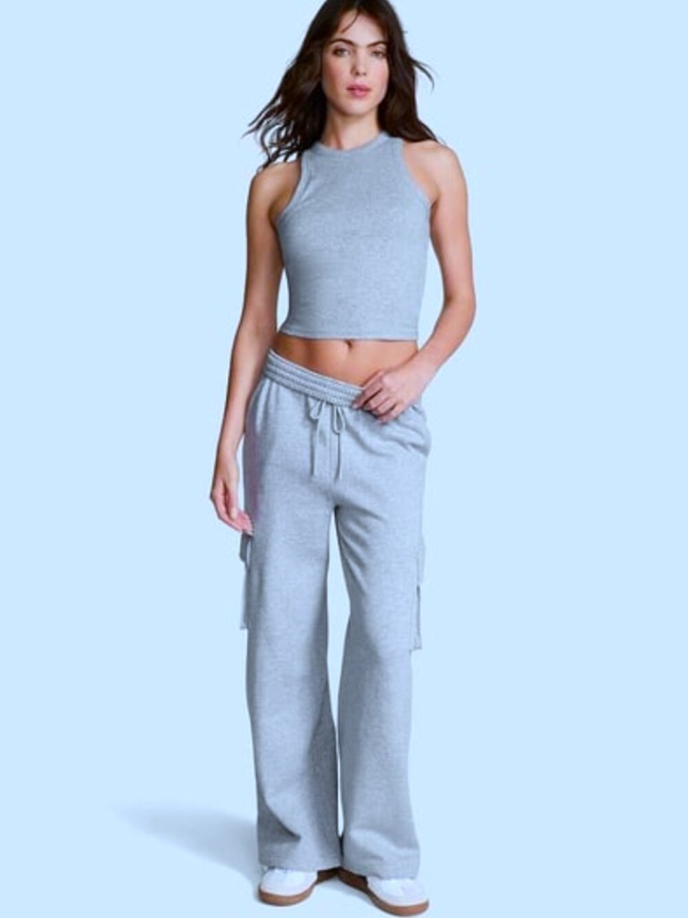 PINK Victoria's Secret Light Blue Polar Fleece Wide Leg Cargo Sweatpants XXL NWT